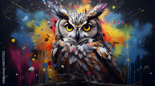 Painted owl with paint splash painting technique on colorful background.