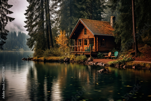 Cozy cabin in the woods at a lake on a moody autumn day