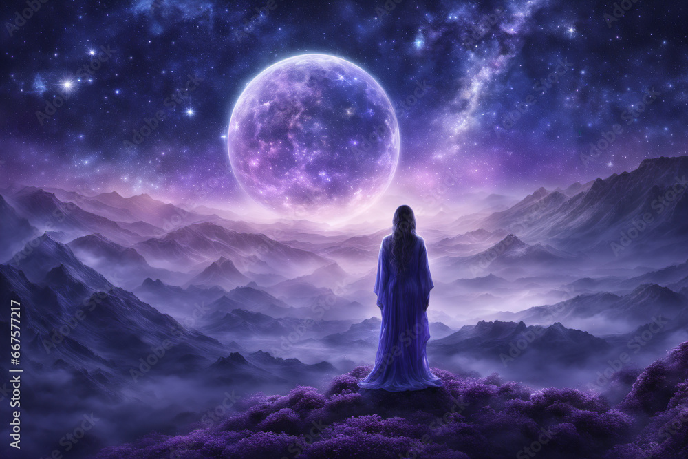 Fototapeta premium A mysterious woman stands with her back turned on the ground on a planet with a purple surface