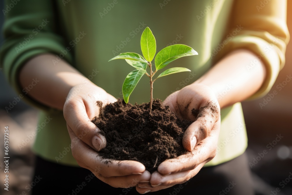 Woman hands holding soil and a tiny plant. ai generative Woman hands holding soil and a tiny plant. ai generative