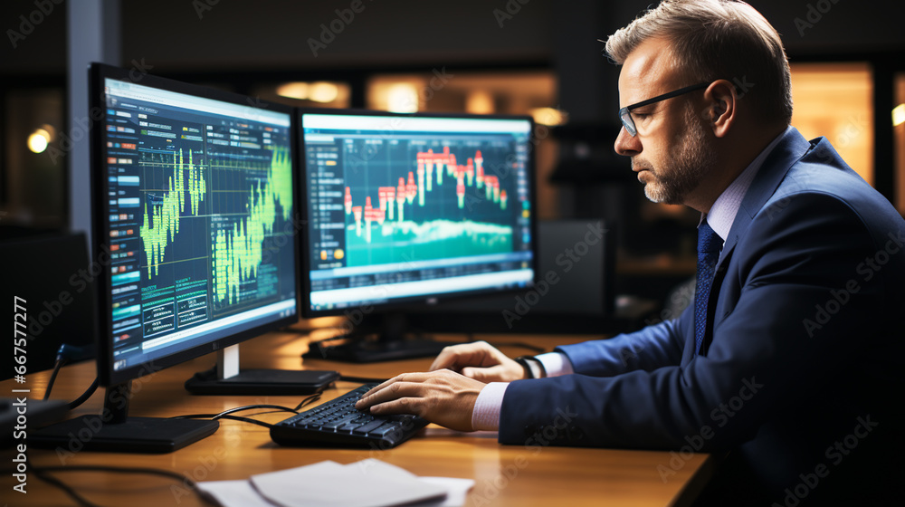 Crypto trader investor analyst looking at computer screen analyzing financial graph data on pc monitor Crypto trader investor analyst looking at computer screen analyzing financial graph data on pc monitor