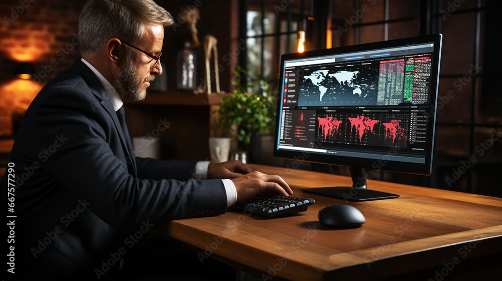 Crypto trader investor analyst looking at computer screen analyzing financial graph data on pc monitor Crypto trader investor analyst looking at computer screen analyzing financial graph data on pc monitor