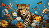 Painting of a leopard surrounded by flowers and butterflies