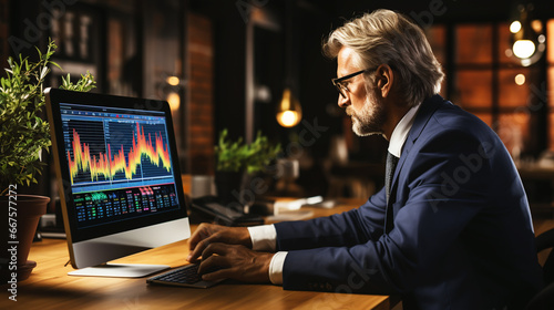 Crypto trader investor analyst looking at computer screen analyzing financial graph data on pc monitor