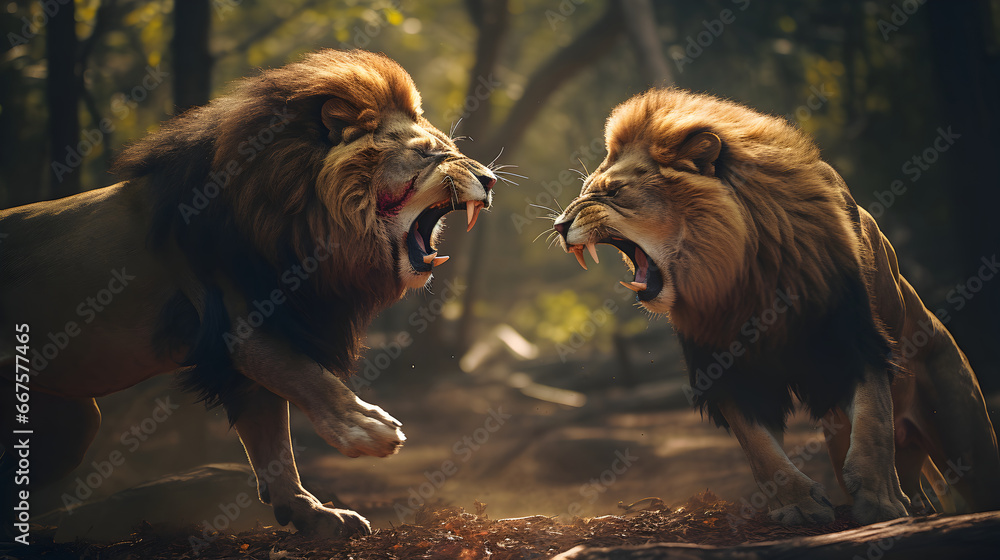 Two lions fight with each other - obrazy, fototapety, plakaty 