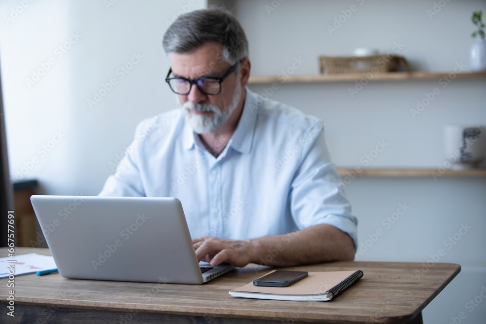 Mature businessman working from home using laptop Mature businessman working from home using laptop