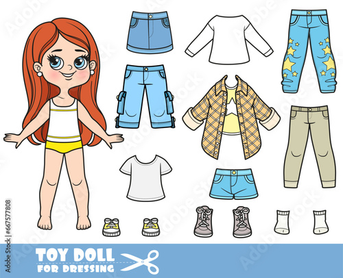 Cartoon brunette longhaired girl  and clothes separately -  long sleeve,shirt, shorts, jeans and sneakers doll for dressing
