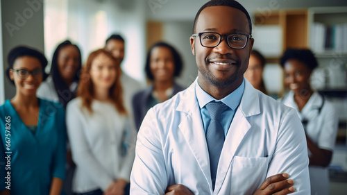 Smiling african american male doctor standing with arms crossed in front of his team. Ai render. © writerfantast