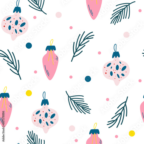 Christmas tree balls pattern design, winter decorations background. Vector new year fabric seamless pattern with trees. 