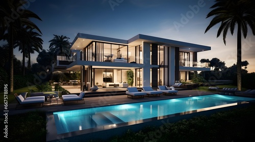3d rendering of modern cozy house with pool and parking for sale or rent in luxurious style and beautiful landscaping on background. Clear summer night with many stars on the sky. © Michelle