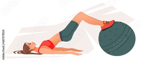 A sporty woman in sportswear is engaged in sports or fitness. The girl does exercises on the press. Cartoon vector illustration.