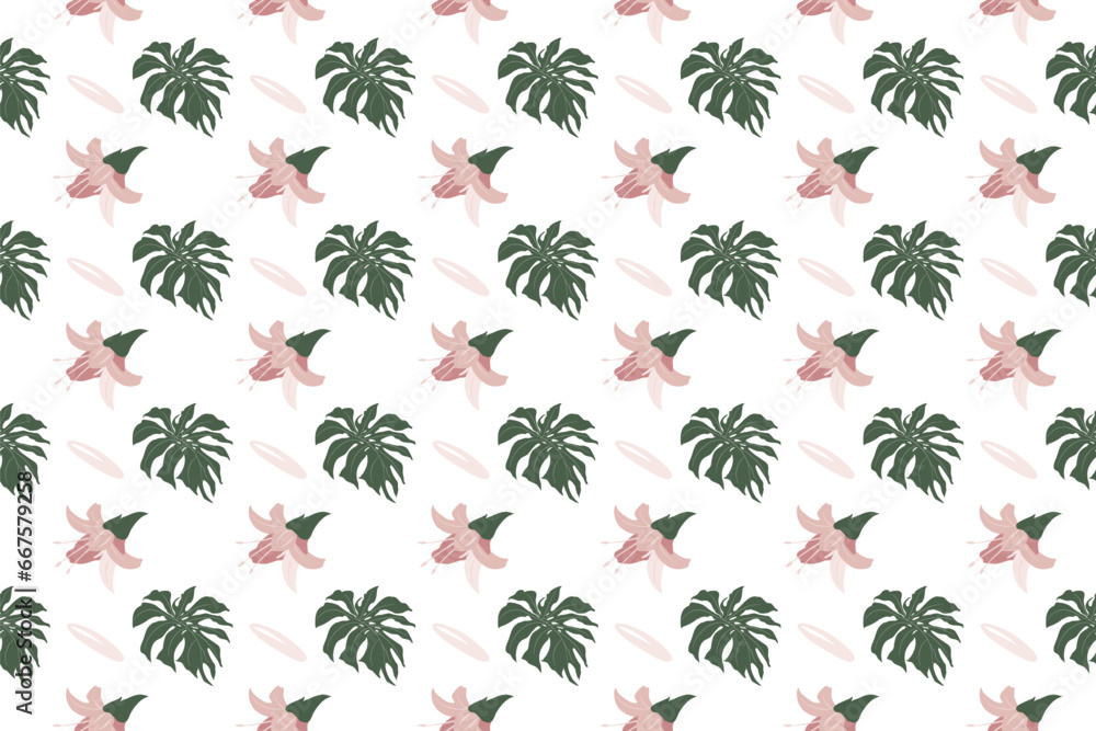 Monstera leave with flower as seamless pattern background