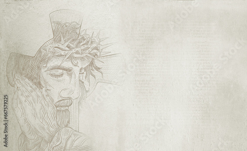 Jesus Christ Face. Old Paper. Hand drawing. This illustration is intended for contemporary art designs with a focus on Jesus and Christianity