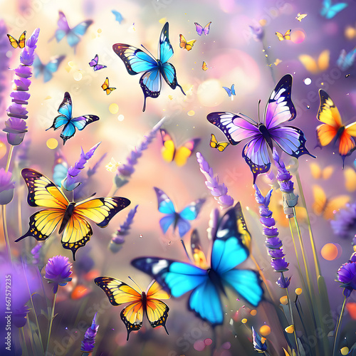 A sunny summer nature background sets the stage for a breathtaking display of beauty. Graceful butterflies flutter amidst a mesmerizing sea of lavender flowers  bathed in the golden hues of sunlight. 