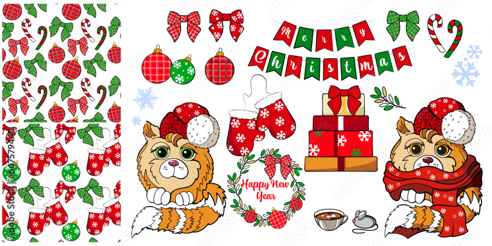 set of vector Christmas illustration with cute cat and two seamless colour patterns