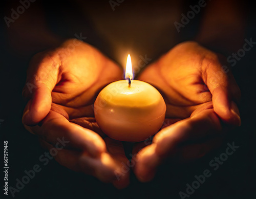 small candle burning held in hands on black background generative ai