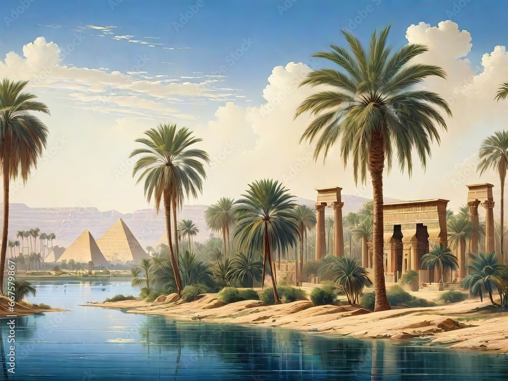 Ancient Egypt: Vintage Landscape Wallpaper of Palms, Trees, and Nile Temples. Generative AI.
