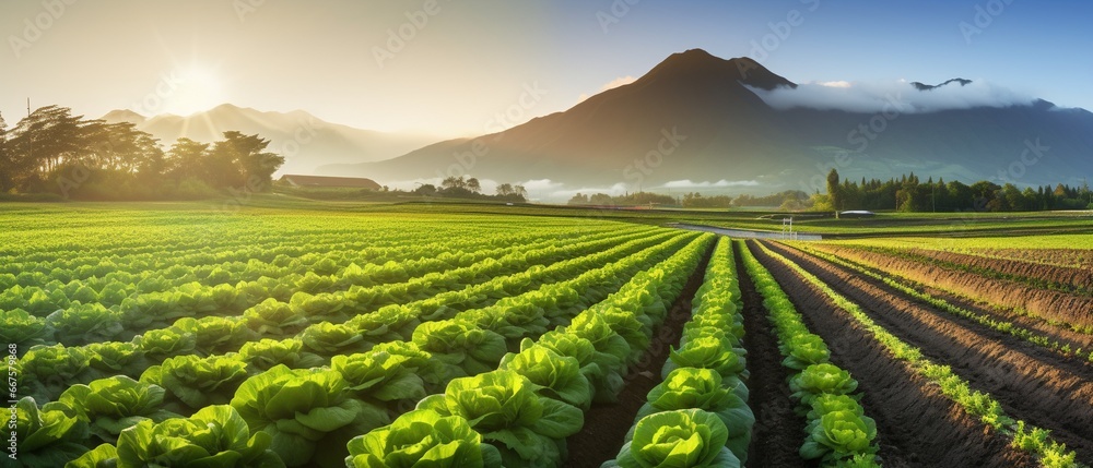 Organic Lettuce Farming: Sustainable Field with Morning Mountain Views