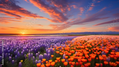 Beautiful panoramic view of a field of blooming poppies at sunset