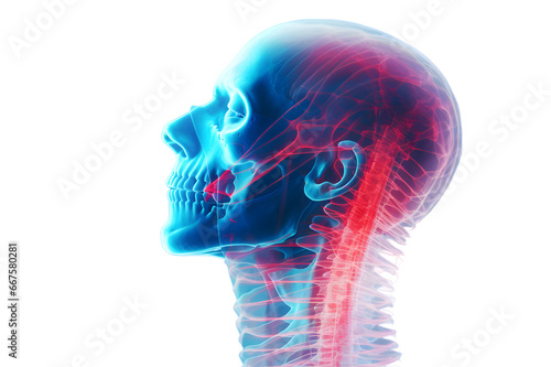 Person's spine x-ray in blue and red colors isolated on transparent background. Pain concept photo