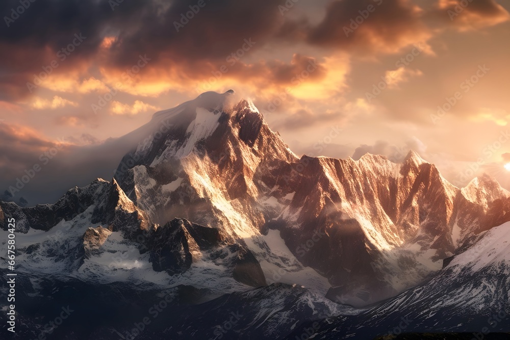 Beautiful panorama of the snowy mountains in the clouds at sunset