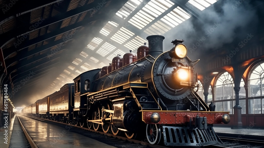 a steam locomotive smokes on the tracks inside a retro station at a train station - obrazy, fototapety, plakaty 