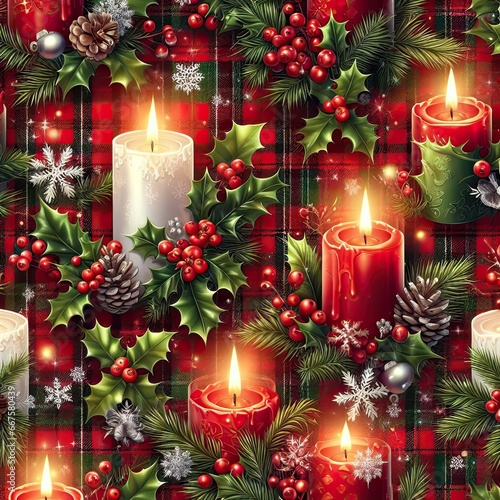 candles and ornaments christmas background or wrapping paper