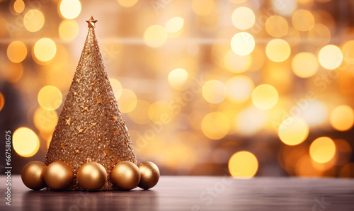 Beautiful Christmas and New Year background with decorated Christmas tree in golden colors and festive lights with bokeh blurred background. Free space for greeting cards. digital AI
