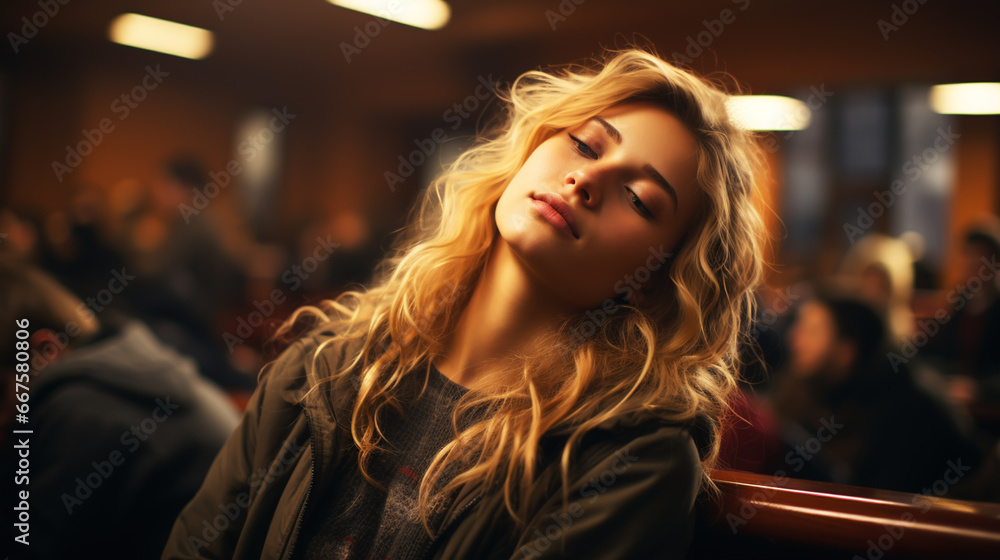 Education And Learning Concept. Portrait of tired and bored student sitting at desk Education And Learning Concept. Portrait of tired and bored student sitting at desk