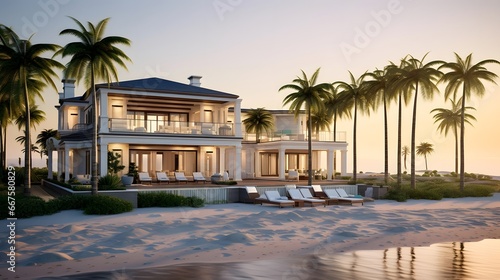 Panoramic view of luxury villa on the beach at sunset
