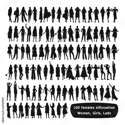 100 females silhouettes. Woman, women, lass, lady, girl, teenagers, youth
