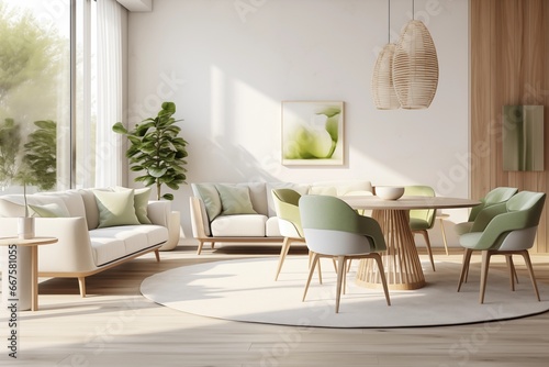 living room and dining room with sofas with mint-colored pillows, round wooden table and chairs and a flower in a pot, modern home interior design © id512