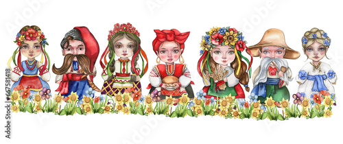 Composition of girl and boy gnome in national ukrainian costume standing in flowers. Design for baby shower party, birthday,cake, holiday celebration design, greetings card, invitation.