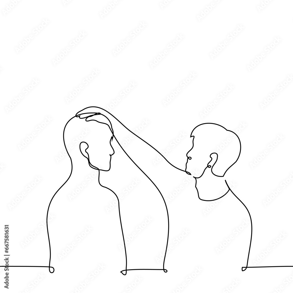 man put his hand on another's head - one line art vector. concept pat on the head, pat affectionately, praise