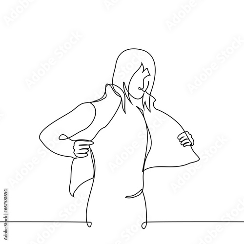 woman takes off her jacket - one line art vector. concept undressing, transition from winter clothes, trying on outerwear