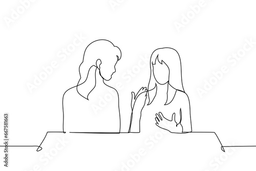 woman gesturing telling another woman - one line art vector. concept conversation, telling a friend