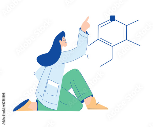 Chemistry with Woman Scientist Character Explore Molecule Formula Vector Illustration