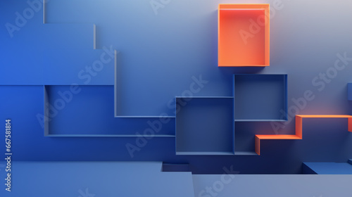 Minimalist 3D abstract background with squares in blue orange colors
