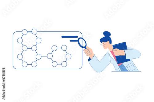 Chemistry with Woman Scientist Character Explore Molecule Formula with Magnifier Vector Illustration