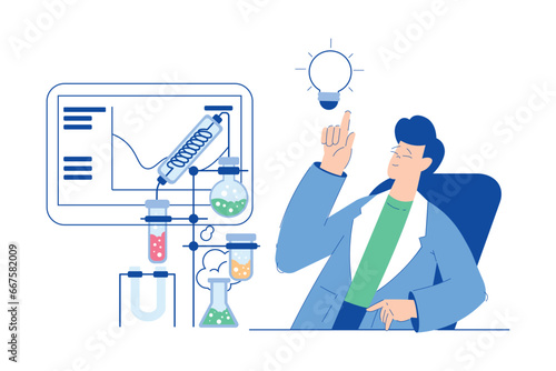 Chemistry with Man Scientist Character Sitting with Glass Flask Have Idea Vector Illustration