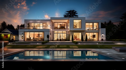Panorama of modern house with swimming pool at twilight. Long exposure. photo