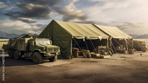 a very large military tent standing in a vast field, highlighting the strategic importance of field camps. Ideal for military and defense concepts photo