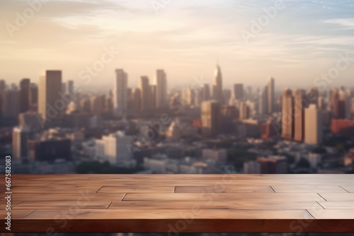 empty table top for product display with defocused city skyline background