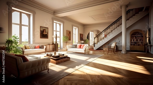 Panoramic view of the living room with a large window and a sofa © Michelle