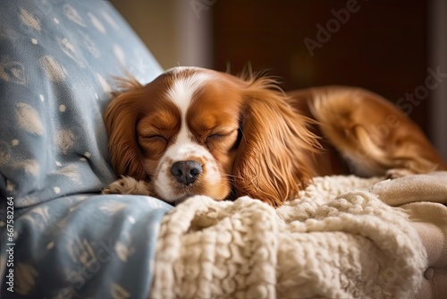Fotografia, Obraz sleeping cavalier king charles spaniel nestled in soft blankets, resting dog on