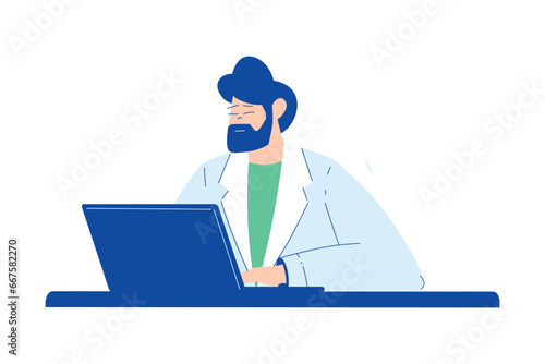 Chemistry with Bearded Man Scientist Character Sitting with Laptop at Desk Vector Illustration