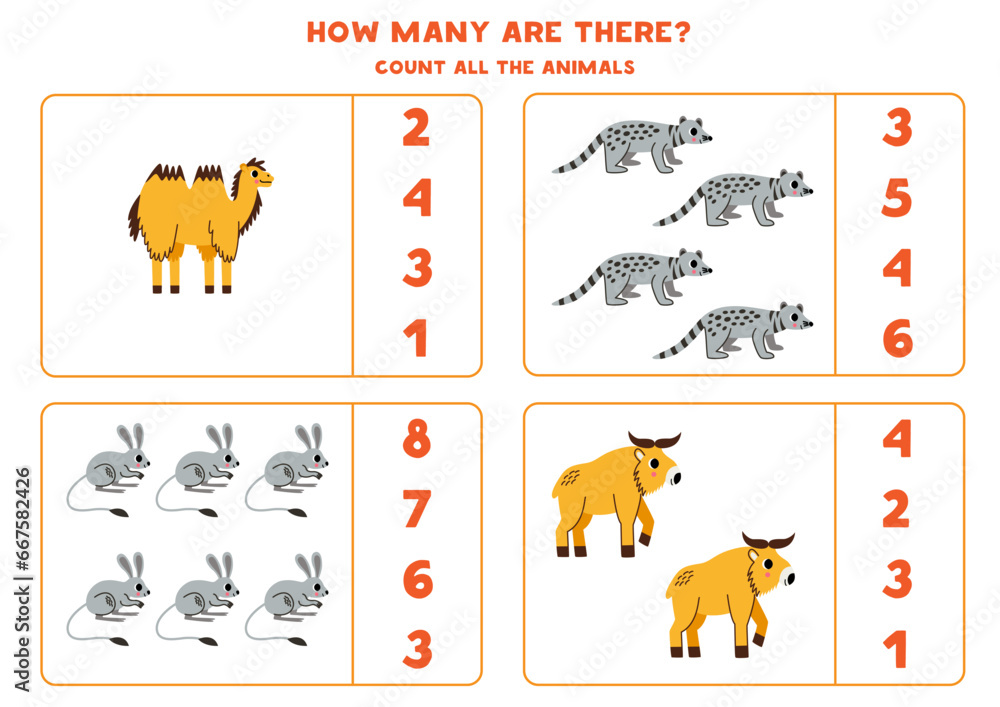 Count all Asian animals and circle the correct answers. Count all Asian animals and circle the correct answers.