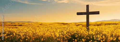 Old wooden cross in field of yellow rapeseed flowers. Generative AI photo