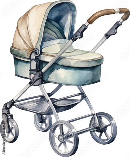 Watercolor cute baby stroller on white background