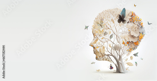 Human brain with flowers and butterflies, self care and mental health concept, positive thinking, creative mind